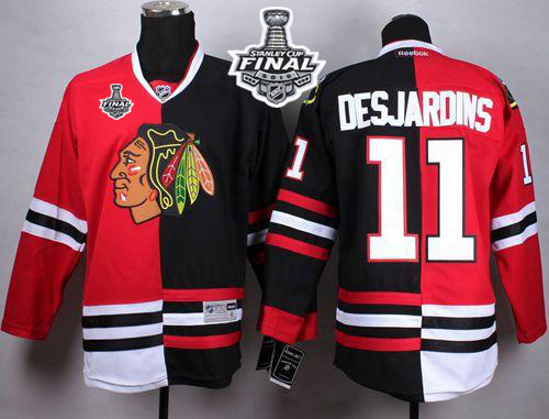Blackhawks #11 Andrew Desjardins Red/Black Split 2015 Stanley Cup Stitched NHL Jersey
