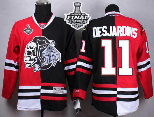 Blackhawks #11 Andrew Desjardins Red/Black Split White Skull 2015 Stanley Cup Stitched NHL Jersey