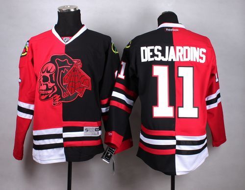 Blackhawks #11 Andrew Desjardins Red/Black Split Red Skull Stitched NHL Jersey