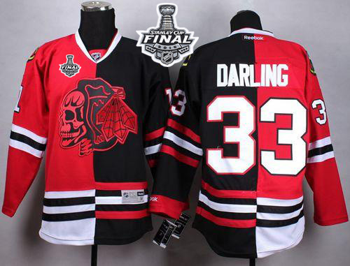 Blackhawks #33 Scott Darling Red/Black Split Red Skull 2015 Stanley Cup Stitched NHL Jersey