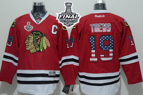 Blackhawks #19 Jonathan Toews Red USA Flag Fashion 2015 Stanley Cup Stitched NHL Jersey