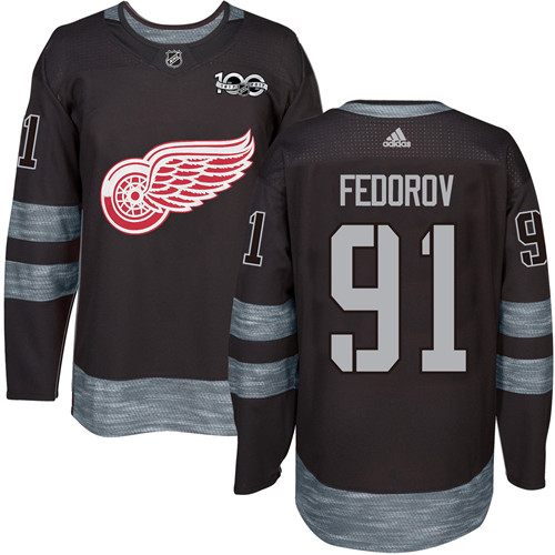 Red Wings #91 Sergei Fedorov Black 1917-2017 100th Anniversary Stitched NHL Jersey