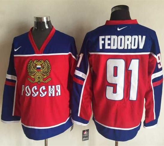 Red Wings #91 Sergei Fedorov Red/Blue Nike Stitched NHL Jersey