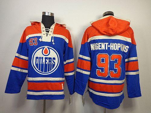Oilers #93 Nugent-Hopkins Light Blue Sawyer Hooded Sweatshirt Stitched NHL Jersey