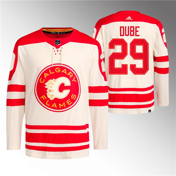 Men's Calgary Flames #29 Dillon Dube 2023 Cream Classic Primegreen Stitched Jersey