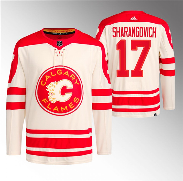Men's Calgary Flames #17 Yegor Sharangovich 2023 Cream Classic Primegreen Stitched Jersey