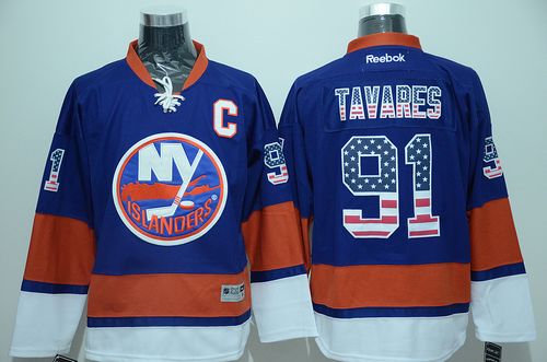 Islanders #91 John Tavares Baby Blue USA Flag Fashion Stitched NHL Jersey