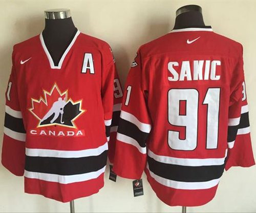 Team CA. #91 Joe Sakic Red/Black 2002 Olympic Nike Throwback Stitched NHL Jersey