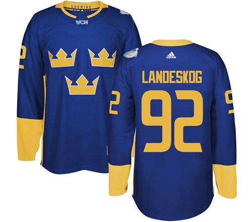 Team Sweden #92 Gabriel Landeskog Blue 2016 World Cup Stitched NHL Jersey