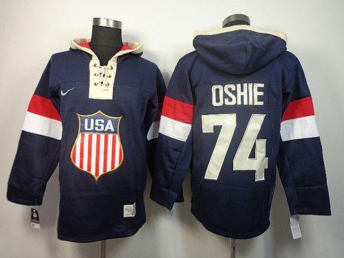 Team USA Olympics #74 T. J. Oshie Navy Blue Sawyer Hooded Sweatshirt Stitched NHL Jersey