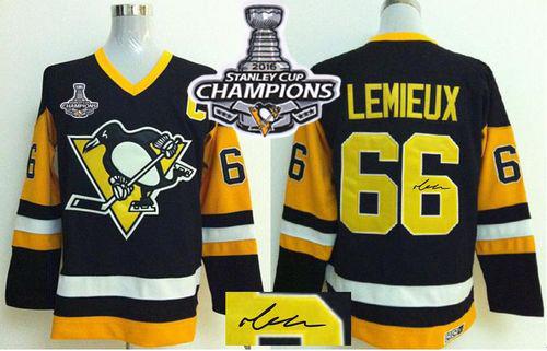 Penguins #66 Mario Lemieux Black CCM Throwback Autographed 2016 Stanley Cup Champions Stitched NHL Jersey