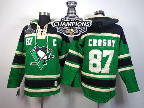 Penguins #87 Sidney Crosby Green St. Patrick's Day McNary Lace Hoodie 2016 Stanley Cup Champions Stitched NHL Jersey