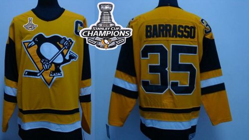 Mitchell&Ness Penguins #35 Tom Barrasso Yellow 2016 Stanley Cup Champions Stitched NHL Jersey