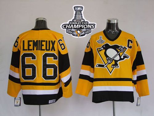 Mitchell&Ness Penguins #66 Mario Lemieux Yellow 2016 Stanley Cup Champions Stitched NHL Jersey