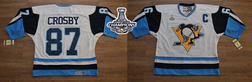 Penguins #87 Sidney Crosby White/Blue CCM Throwback 2016 Stanley Cup Champions Stitched NHL Jersey
