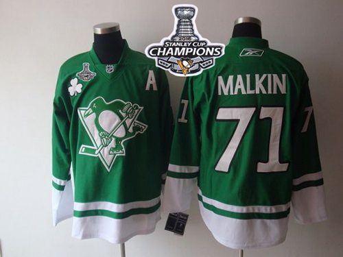 Penguins #71 Evgeni Malkin Green St Patty's Day 2016 Stanley Cup Champions Stitched NHL Jersey