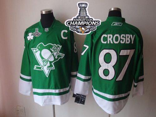 Penguins #87 Sidney Crosby Green St Patty's Day 2016 Stanley Cup Champions Stitched NHL Jersey