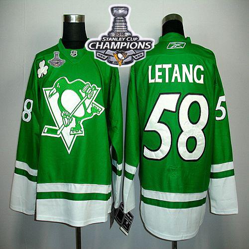 Penguins #58 Kris Letang Green St Patty's Day 2016 Stanley Cup Champions Stitched NHL Jersey