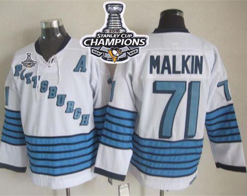 Penguins #71 Evgeni Malkin White/Light Blue CCM Throwback 2016 Stanley Cup Champions Stitched NHL Jersey