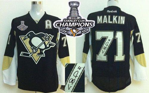 Penguins #71 Evgeni Malkin Black Autographed 2016 Stanley Cup Champions Stitched NHL Jersey
