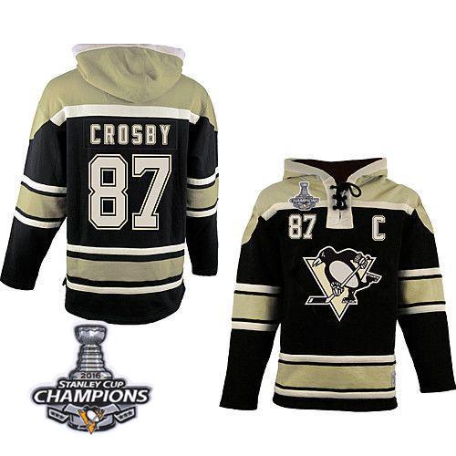 Penguins #87 Sidney Crosby Black Sawyer Hooded Sweatshirt 2016 Stanley Cup Champions Stitched NHL Jersey