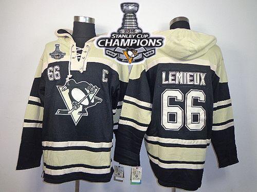 Penguins #66 Mario Lemieux Black Sawyer Hooded Sweatshirt 2016 Stanley Cup Champions Stitched NHL Jersey