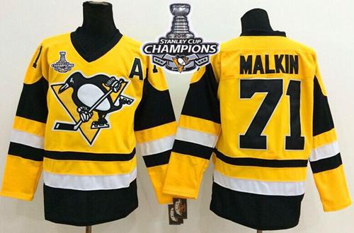 Penguins #71 Evgeni Malkin Yellow Throwback 2016 Stanley Cup Champions Stitched NHL Jersey