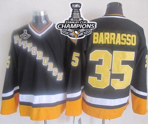 Penguins #35 Tom Barrasso Black/Yellow CCM Throwback 2016 Stanley Cup Champions Stitched NHL Jersey