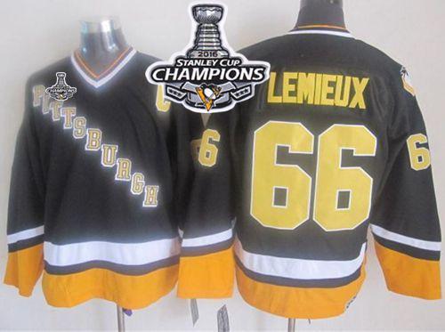 Penguins #66 Mario Lemieux Black/Yellow CCM Throwback 2016 Stanley Cup Champions Stitched NHL Jersey
