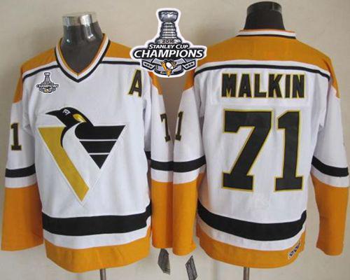 Penguins #71 Evgeni Malkin White/Yellow CCM Throwback 2016 Stanley Cup Champions Stitched NHL Jersey