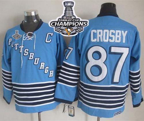 Penguins #87 Sidney Crosby Light Blue CCM Throwback 2016 Stanley Cup Champions Stitched NHL Jersey