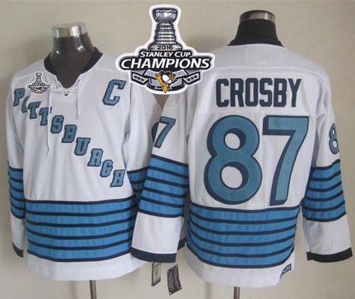 Penguins #87 Sidney Crosby White/Light Blue CCM Throwback 2016 Stanley Cup Champions Stitched NHL Jersey