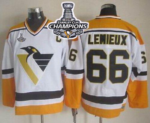 Penguins #66 Mario Lemieux White/Yellow CCM Throwback 2016 Stanley Cup Champions Stitched NHL Jersey