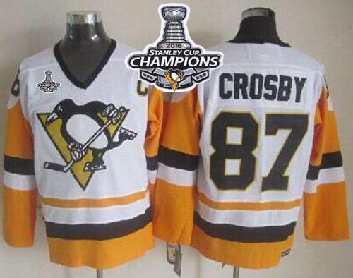 Penguins #87 Sidney Crosby White/Black CCM Throwback 2016 Stanley Cup Champions Stitched NHL Jersey