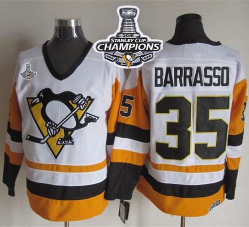 Penguins #35 Tom Barrasso White/Black CCM Throwback 2016 Stanley Cup Champions Stitched NHL Jersey