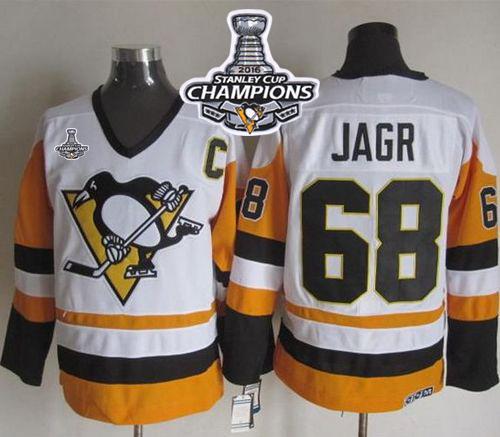 Penguins #68 Jaromir Jagr White/Black CCM Throwback 2016 Stanley Cup Champions Stitched NHL Jersey