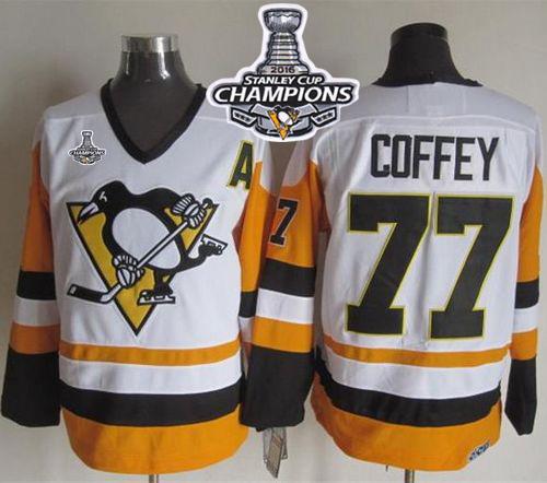 Penguins #77 Paul Coffey White/Black CCM Throwback 2016 Stanley Cup Champions Stitched NHL Jersey