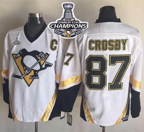 Penguins #87 Sidney Crosby White CCM Throwback 2016 Stanley Cup Champions Stitched NHL Jersey