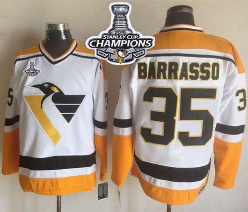 Penguins #35 Tom Barrasso White/Yellow CCM Throwback 2016 Stanley Cup Champions Stitched NHL Jersey