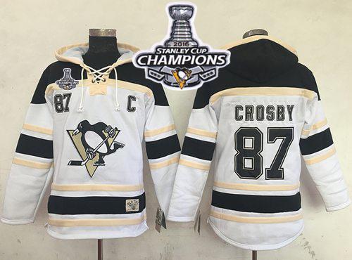 Penguins #87 Sidney Crosby White Sawyer Hooded Sweatshirt 2016 Stanley Cup Champions Stitched NHL Jersey