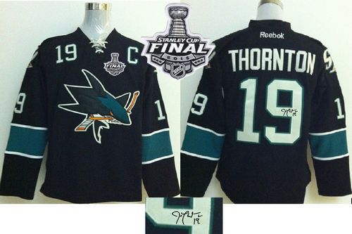 Sharks #19 Joe Thornton Black Autographed 2016 Stanley Cup Final Patch Stitched NHL Jersey