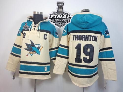 Sharks #19 Joe Thornton Cream Sawyer Hooded Sweatshirt 2016 Stanley Cup Final Patch Stitched NHL Jersey