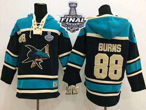 Sharks #88 Brent Burns Black Sawyer Hooded Sweatshirt 2016 Stanley Cup Final Patch Stitched NHL Jersey