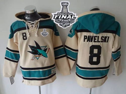 Sharks #8 Joe Pavelski Cream Sawyer Hooded Sweatshirt 2016 Stanley Cup Final Patch Stitched NHL Jersey
