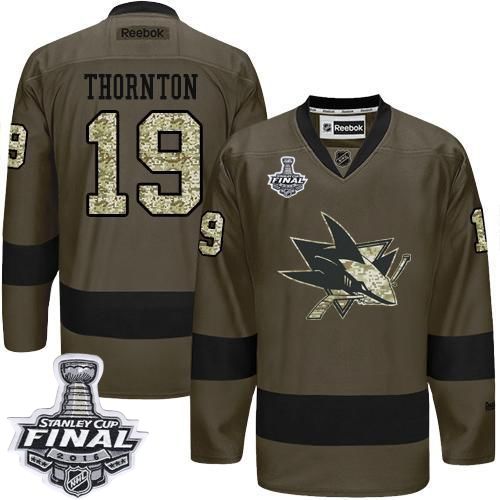 Sharks #19 Joe Thornton Green Salute to Service 2016 Stanley Cup Final Patch Stitched NHL Jersey