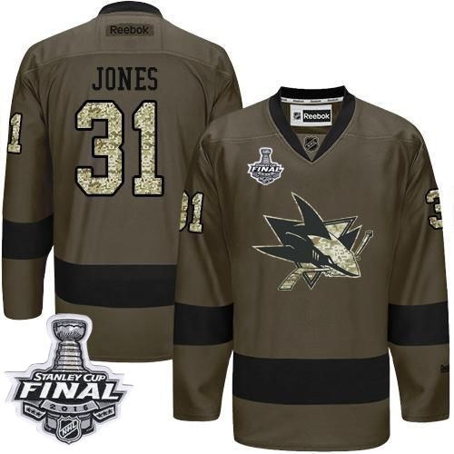 Sharks #31 Martin Jones Green Salute to Service 2016 Stanley Cup Final Patch Stitched NHL Jersey