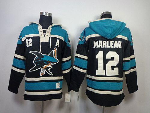 Sharks #12 Patrick Marleau Black Sawyer Hooded Sweatshirt Stitched NHL Jersey