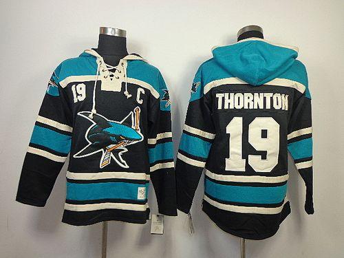 Sharks #19 Joe Thornton Black Sawyer Hooded Sweatshirt Stitched NHL Jersey