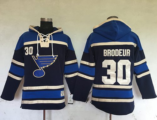 Blues #30 Martin Brodeur Navy Blue Sawyer Hooded Sweatshirt Stitched NHL Jersey