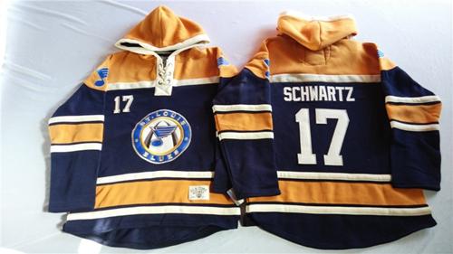 Blues #17 Jaden Schwartz Navy Blue/Gold Sawyer Hooded Sweatshirt Stitched NHL Jersey